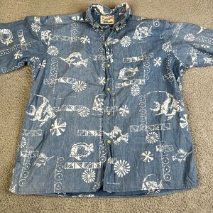 Reyn Spooner Alfred Shaheen Shirt Mens L Blue Hawaiian Button Fish Floral